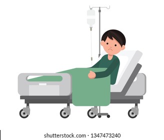 Man Patient Resting In Hospital Bed. Sad Man Lying In A Hospital Bed. Isolated Vector Illustration.