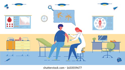 Man Patient Seeks Professional Medical Help with Rash and Disease Caused by Mosquitoes. Epidemiological Surveillance and Dangerous Sickness Symptoms Control. Flat Cartoon Vector Illustration.