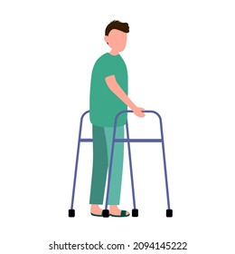 Man patient using walker support in flat design on white background.