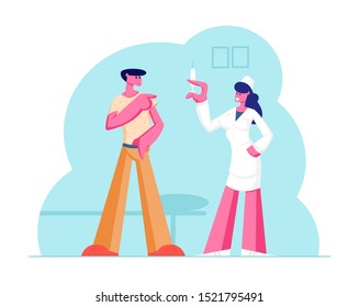 Man Patient Visiting Hospital for Vaccination. Young Woman Medic in White Robe Prepare Syringe for Putting Injection to Visitor Shoulder. Medicine Health Care Concept. Cartoon Flat Vector Illustration