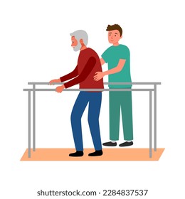 Man patient walking in physiotherapy center. Rehabilitation therapy concept vector illustration.