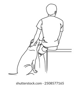 A man patting his pet dog while both sitting down and looking off into the distance in line drawing illustration for dog lovers