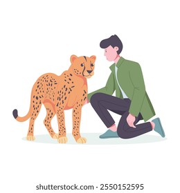 Um homem batendo em leopardo selvagem, ilustração de estilo plano 