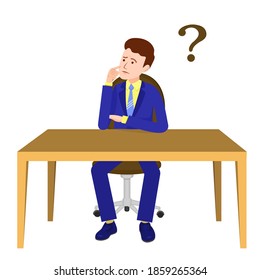 The man paused. A man sits at a table and thinks. Vector image of a person for animation. Еditable strokes. A man in a suit on a white background at a table. Thought of man. Question mark.