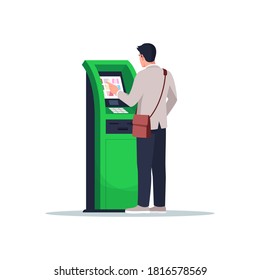Man pay with ATM semi flat RGB color vector illustration. Male client use financial kiosk. Self service terminal for money withdraw. Bank customer isolated cartoon character on white background