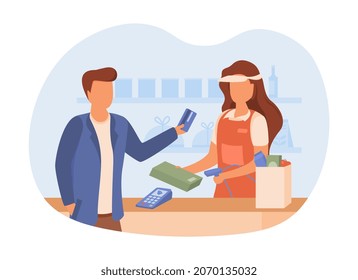 Man pay card. Modern technologies, payment in store. Cashless transfers. Seller offers buyer payment terminal. Alternative transaction methods. Supermarket, store. Cartoon flat vector illustration