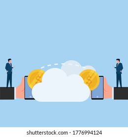 El hombre paga a otros desde el teléfono a través de la metáfora en la nube de pago en línea. Ilustración de concepto de vector plano empresarial.
