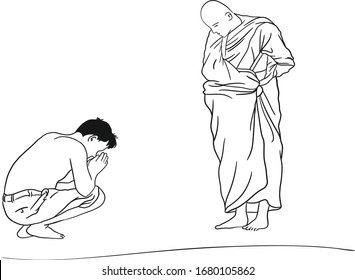 A man pay respect with receive blessing from the monk.