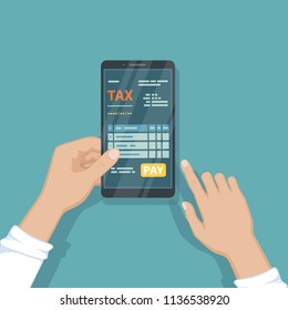 Man pay taxes using smartphone. Online tax Online paying, bookkeeping, accounting via phone. Man holding a mobile phone with tax form on screen. Fast payment of bills, services. Vector illustration