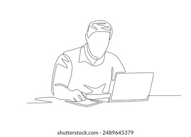 Man paying attention to online lessons. Online education concept one-line drawing