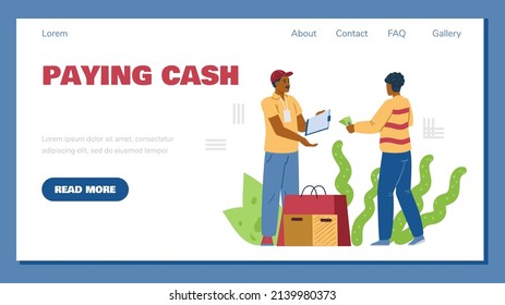 Man paying cash for order delivery, landing page template - flat vector illustration. Cash on delivery for purchase. Customer giving money to courier with bags.
