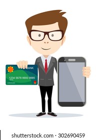 Man paying with credit card on phone. Stock Vector illustration.