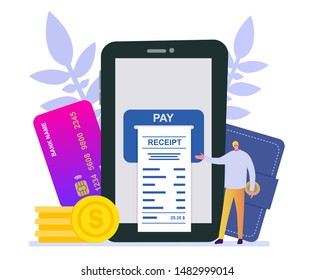 man paying with credit card online while making orders via the Internet. Successful man making transaction using mobile bank application. Online payment concept. Vector style flat cartoon illustration