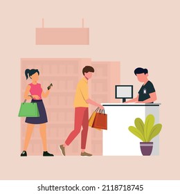 Man paying goods and women  holding Shopping Bags waiting in Line in front of Cash Desk. Customers Queue in Retail Shop or Supermarket. Vector colorful illustration.