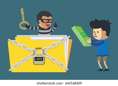 Man paying money to cyber criminal for unlock data file. Illustration about computer hacking.