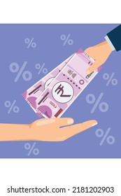 Man paying money to other person, Loan business concept illustration, Indian rupee bank note.