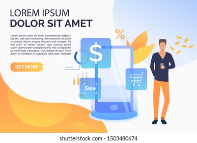 Man paying at online cash terminal webpage. Purchase checkout, isometric, atm. Online cashier concept. Vector illustration for website, landing page, online store