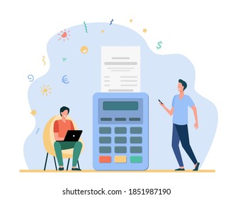 Man paying online and getting sales slip. Receipt, laptop, terminal flat vector illustration. Payment and money transaction concept for banner, website design or landing web page