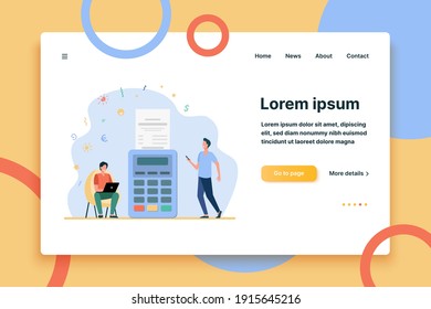 Man paying online and getting sales slip. Receipt, laptop, terminal flat vector illustration. Payment and money transaction concept for banner, website design or landing web page