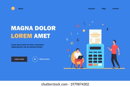 Man paying online and getting sales slip. Receipt, laptop, terminal flat vector illustration. Payment and money transaction concept for banner, website design or landing web page