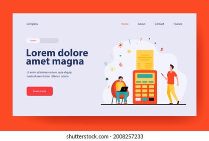 Hombre pagando en línea y recibiendo un resguardo de ventas. Ilustración de vector plana terminal, portátil, receptor. Concepto de pago y transacciones monetarias para banner, diseño de sitios web o página web de aterrizaje