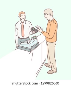 Man paying with phone, business sales clerk holding wireless payment terminal at checkout counter. Customer making mobile smartphone contactless payment. NFC technology. Flat line vector illustration