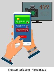 Man paying for purchases via mobile phone / Mobile application for the purchase of goods in  internet store
