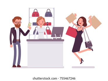 Man paying for shopping. Young happy woman with bags jumping with joy after getting presents, customers in the mall. Vector flat style cartoon illustration isolated on white background