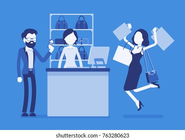 Man paying for shopping. Young happy woman with bags jumping with joy after getting presents from boyfriend, customers in mall near cashier at register. Vector illustration with faceless characters