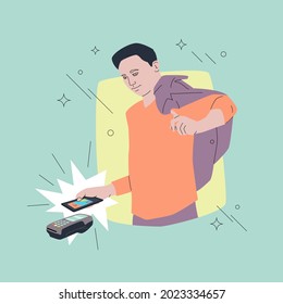 Man paying with smartphone. Mobile payment concept. Comic style fictional male character in casual clothes holding phone over online payment device or terminal. Flat and line design.