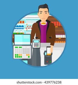 Hombre pagando el móvil con su smartphone en el supermercado check out . Cliente masculino que paga por compra con smartphone. Ilustración de diseño plana vectorial en el círculo aislado en el fondo.