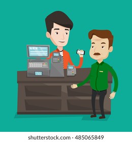 Man paying wireless with his smartphone at the supermarket checkout . Customer making payment for purchase with smartphone. Cashier accepting payment. Vector flat design illustration. Square layout.