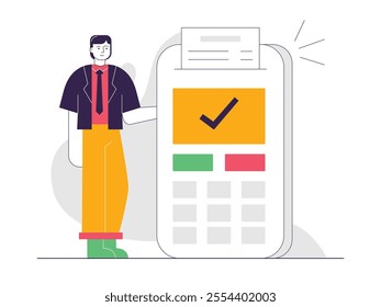 A man is a payment transaction using a card, making it simple nowadays. Character design. Vector flat illustration