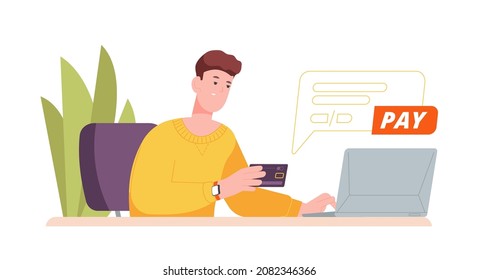 El hombre paga con tarjeta por el ecommerce. Pensamiento de la persona pagando bienes en línea introduciendo detalles de tarjetas de crédito en laptop para comprar, pago contable por internet, espléndida ilustración vectorial