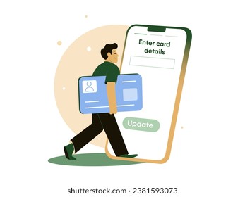 Man pays by card for ecommerce. Person thinking paying goods online by entering credit cards details in mobile to purchase, accounting internet payment, splendid vector illustration. 