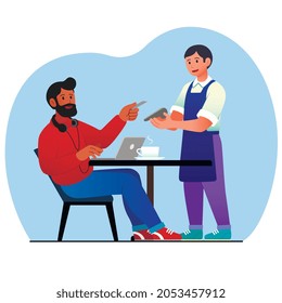 Man pays with card in cafe. Human uses noncash payment, waiter holds terminal in his hand. Modern technologies, ewallet, wire transfer. Cartoon flat vector illustration isolated on white background