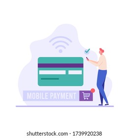 Man pays with credit card contactless. Online mobile payment and banking service. Concept of international transfer money, e-commerce. Vector illustration in flat design for web banner