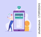Man pays with mobile phone successfully and safely. Online mobile payment and banking service. Concept of receipt, online shopping, money transfer. Vector illustration in flat design for web banner