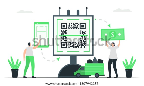 A man pays money to woman\
seller by QR code scanning. Then, delivery car will send items back\
to him. Minimal green monochromatic color design in e-payment\
concept.