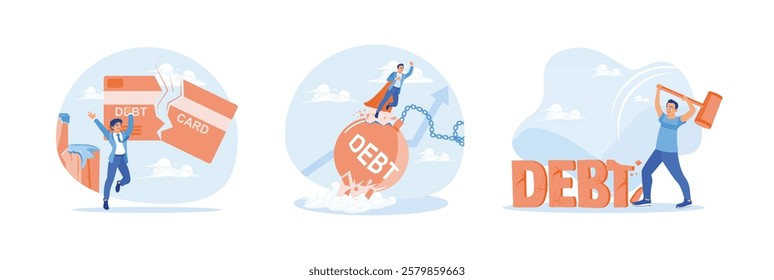 A man pays off his credit card debt. Businessman trying to settle debts. Concept of breaking debt. Set flat vector illustration.