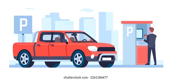 Man pays for parking space with automatic machine. Transport traffic. Payment for garage access. Male drives automobile pickup. Auto park automation terminal. Car zone