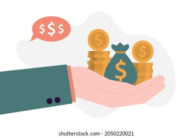 Man pays for purchase with cash. Male hand holds money for buying. Payment of wages and dividends. Payday, earnings. Concept of shopping and cash payment. Trendy flat vector illustration