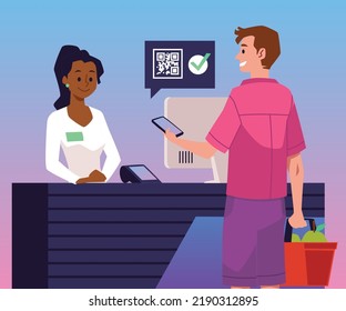 Man pays for purchases in store using QR code scene flat style, vector illustration. Smiling saleswoman, contactless payment by mobile phone, modern technologies