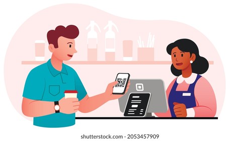 Man pays with smartphone in store. QR code concept. Cartoon flat vector illustration isolated on white background