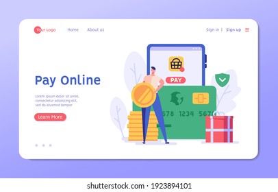 El hombre paga con éxito y con seguridad. Servicio de banca y pago móvil en línea. Concepto de pago aprobado, pago realizado, compras en línea, transferencia de dinero. Ilustración vectorial en diseño plano 