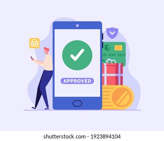 Man pays successfully and safely. Online mobile payment and banking service. Concept of payment approved, payment done, online shopping, money transfer. Vector illustration in flat design 