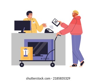 El hombre paga por la televisión y el hervidor usando el código QR de estilo plano, ilustración vectorial aislada en fondo blanco. Tecnologías modernas, pago sin contacto