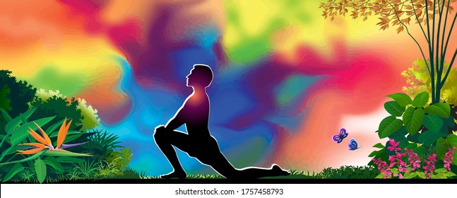 A man with a peaceful inner soul performing yoga in the middle of nature.