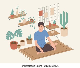 
a man peacefully doing meditation postures at home with various decorative plants. mindfulness. relieve stress at home. flat vector isolated on white background