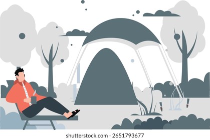 The man peacefully enjoys his tea, seated beside his camp.